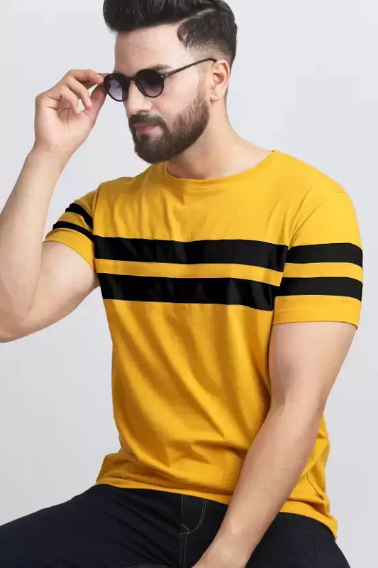 Men Striped Round Neck Cotton Blend Yellow T-Shirt