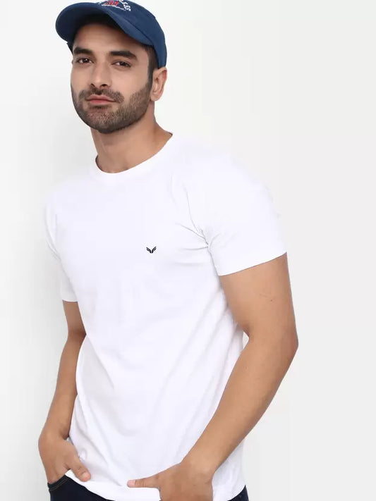 Men Solid Round Neck Cotton Blend White T-Shirt